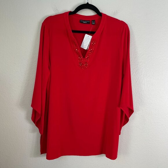 Susan Graver Artisan Womens Large Red Beaded V Neck Tunic Top Stretch Shirt - Picture 6 of 11